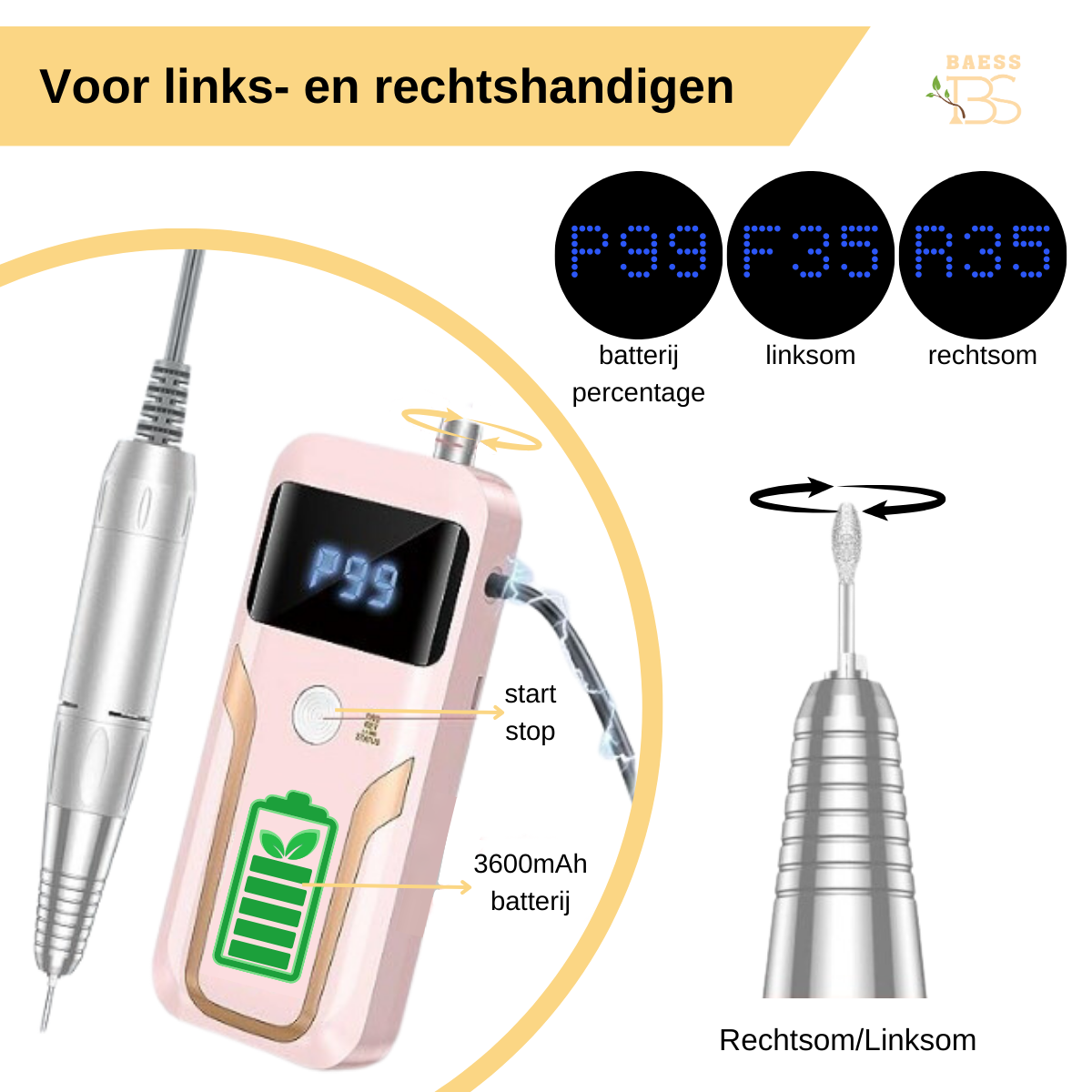 BAESS nagelfrees met krachtige 3600mAh accu voor langdurig gebruik zonder snoer.