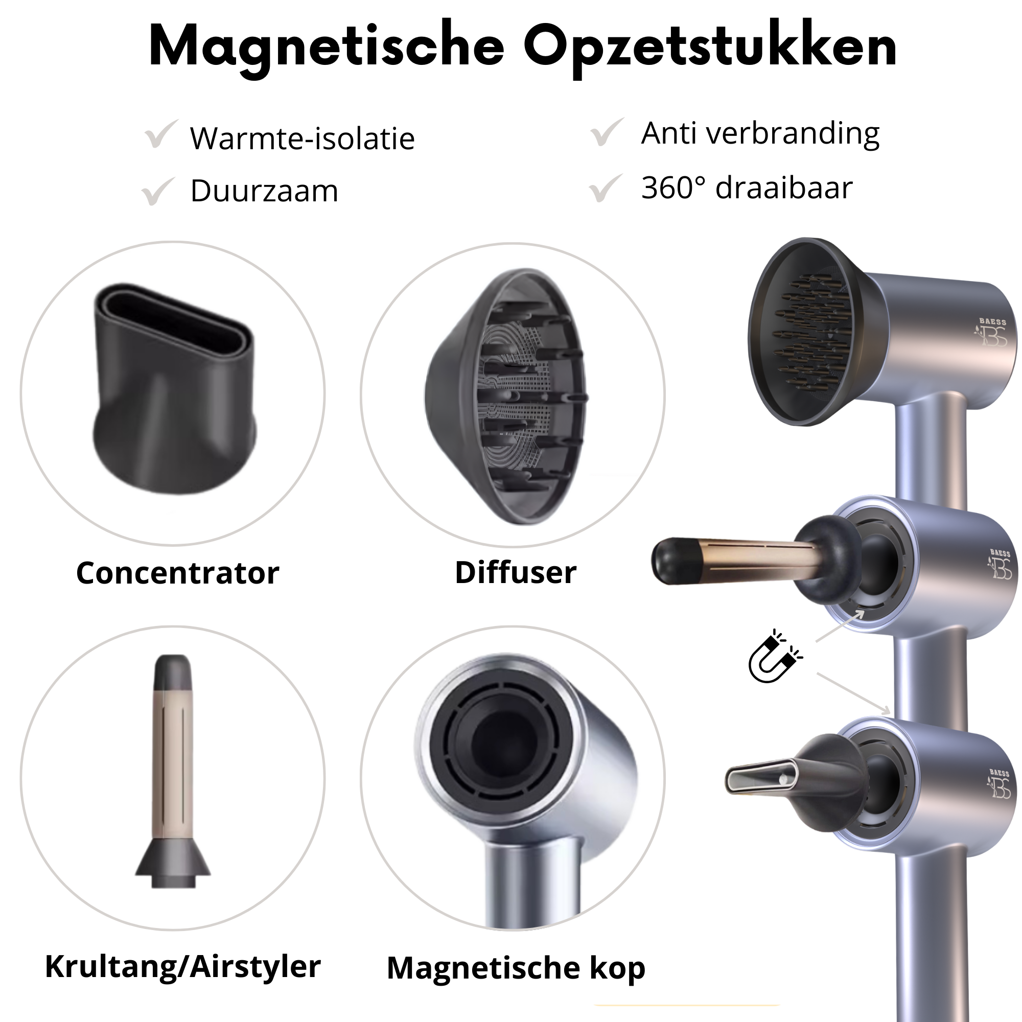 Föhn met Diffuser, Airstyler en Concentrator - Ionentechnologie - 8 standen