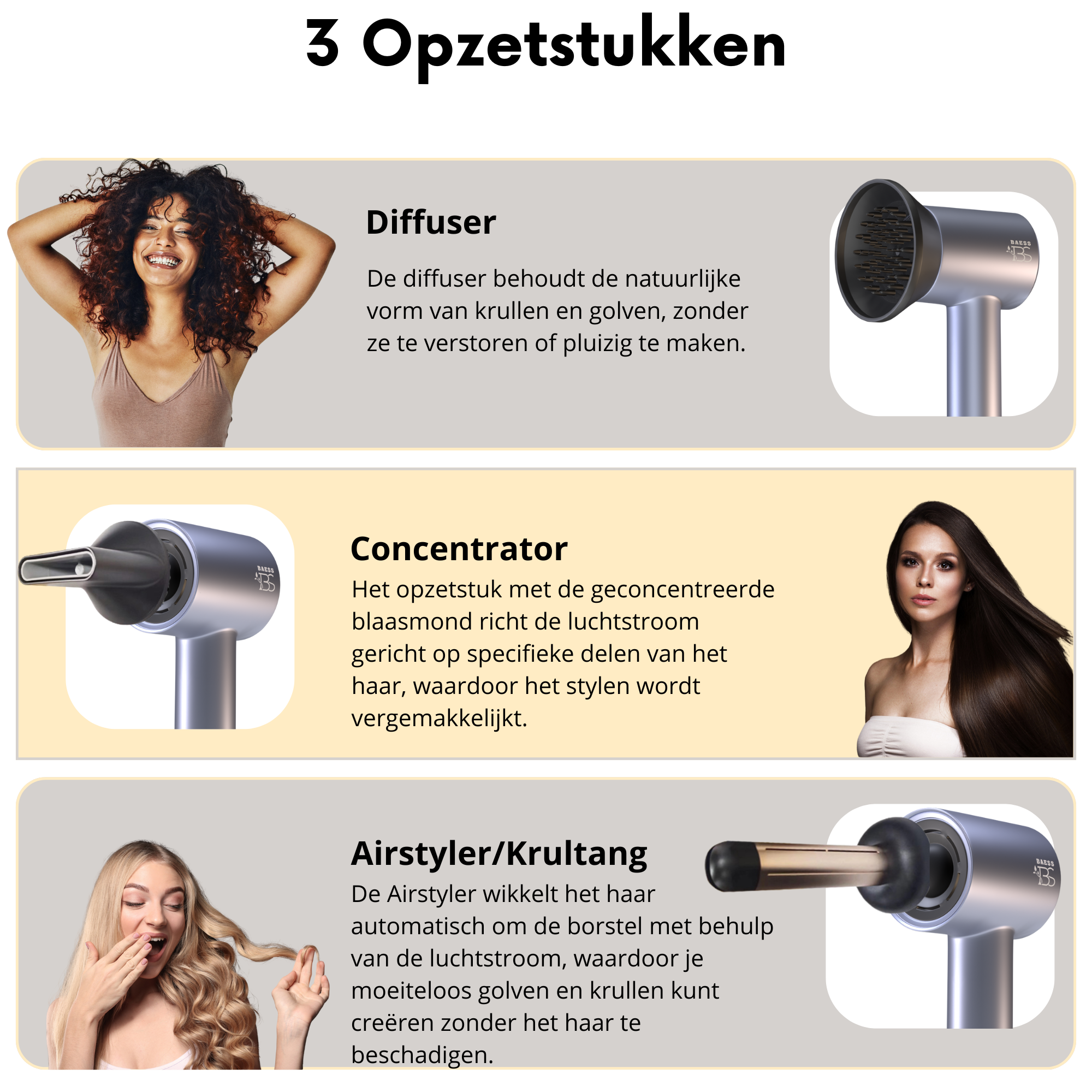 Föhn met Diffuser, Airstyler en Concentrator - Ionentechnologie - 8 standen