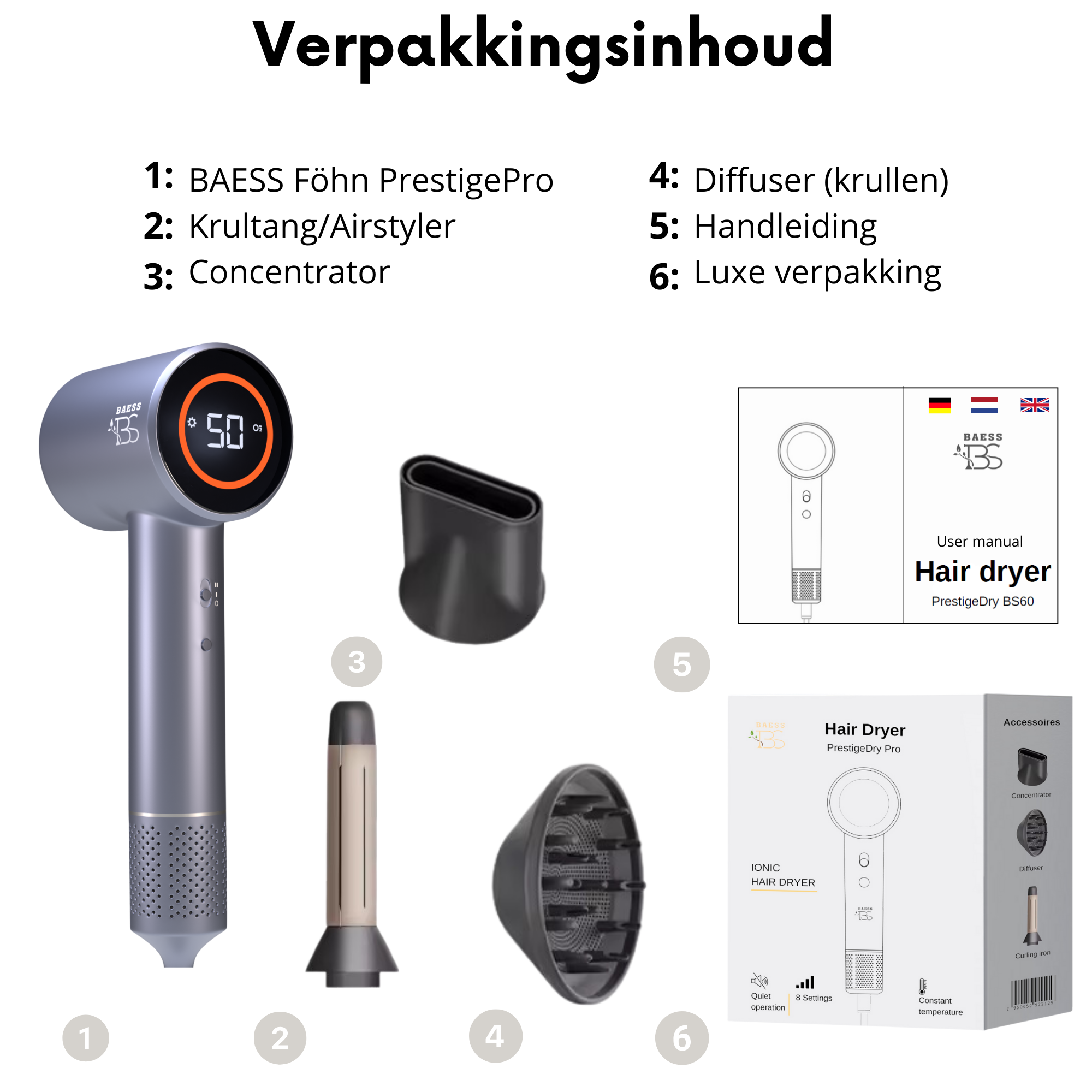 Föhn met Diffuser, Airstyler en Concentrator - Ionentechnologie - 8 standen