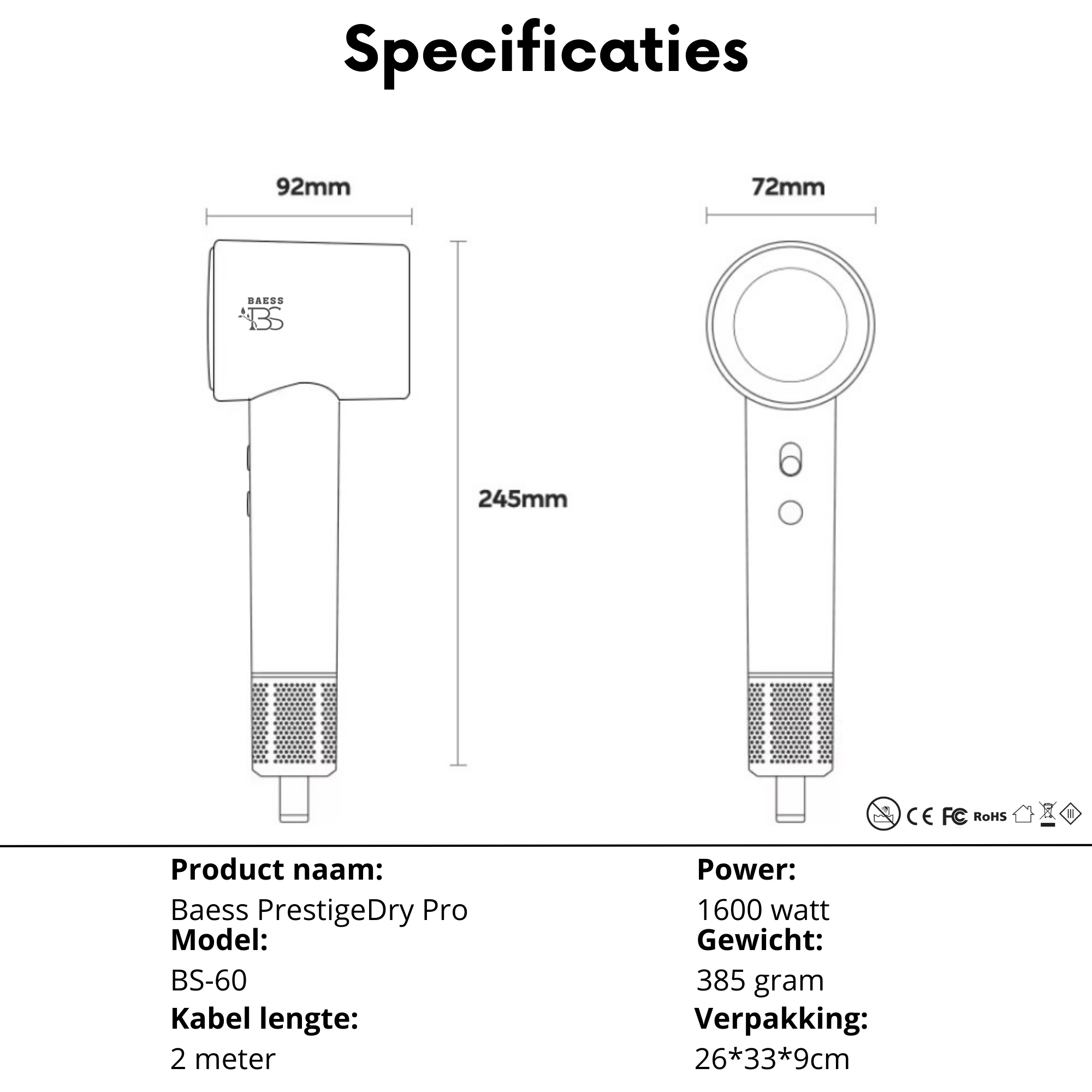 Föhn met Diffuser, Airstyler en Concentrator - Ionentechnologie - 8 standen